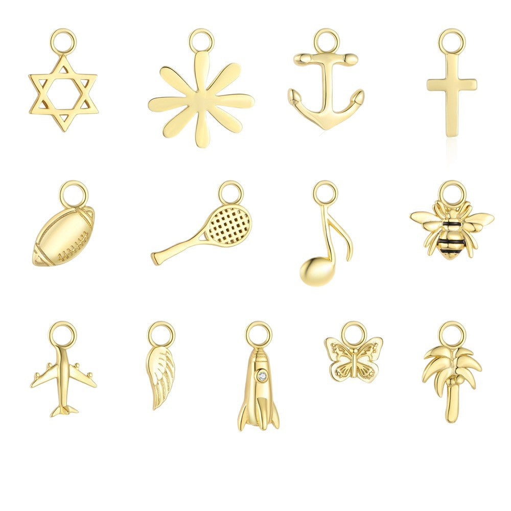 Gold-plated sterling silver charm pendants on a white background