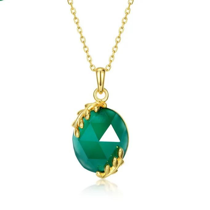 Gold-plated sterling silver green agate pendant necklace on a white background