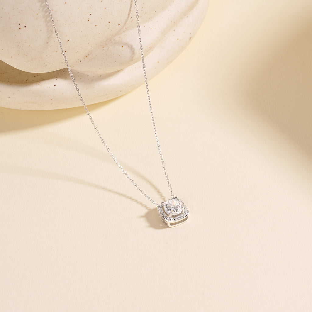 Geometric square zircon 999 pure silver necklace