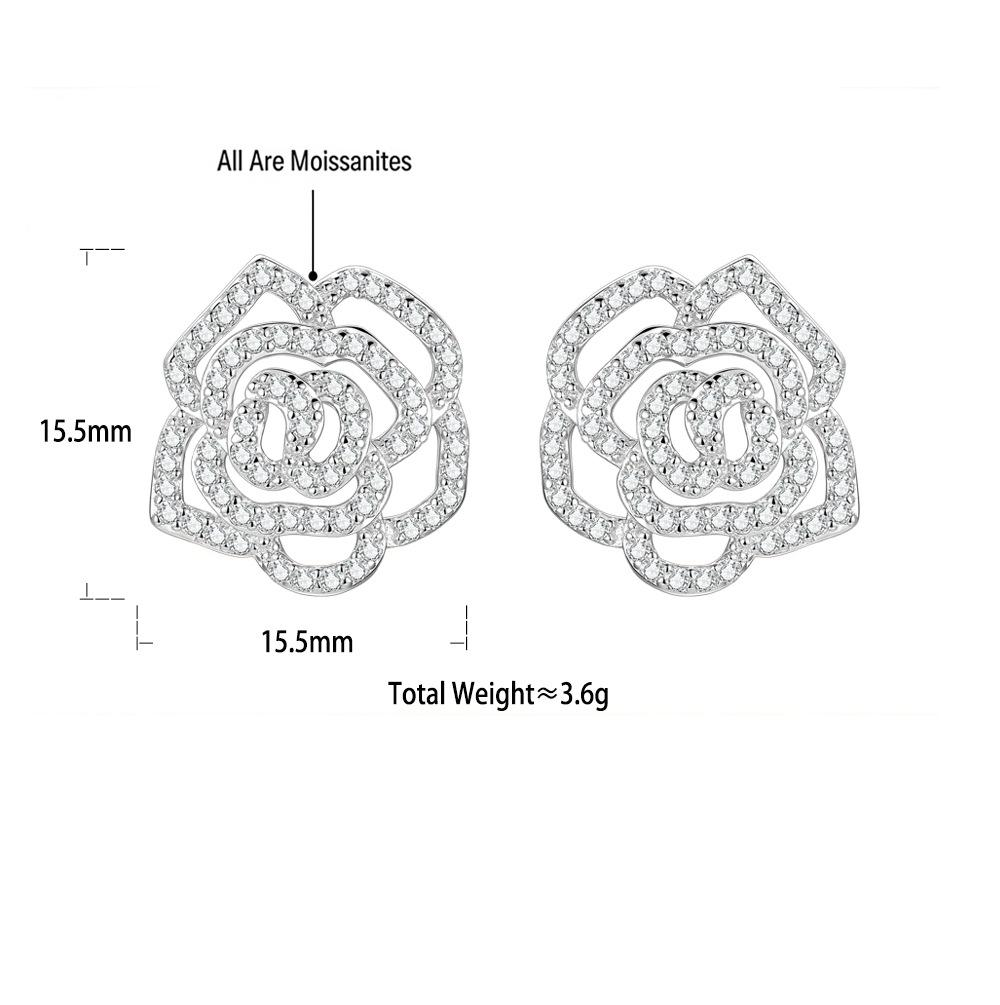 S925 Silver Moissanite Rose Camellia Stud Earrings