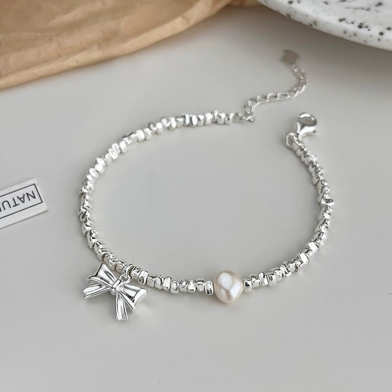 925 sterling silver bow pendant bracelet - silvery