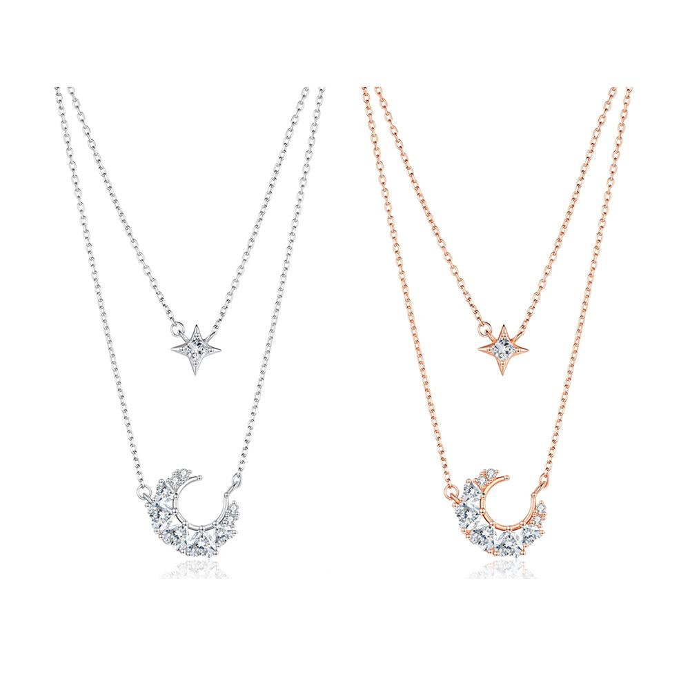 S925 Sterling Silver Double-Layer Moon and Star Moissanite Pendant Necklace
