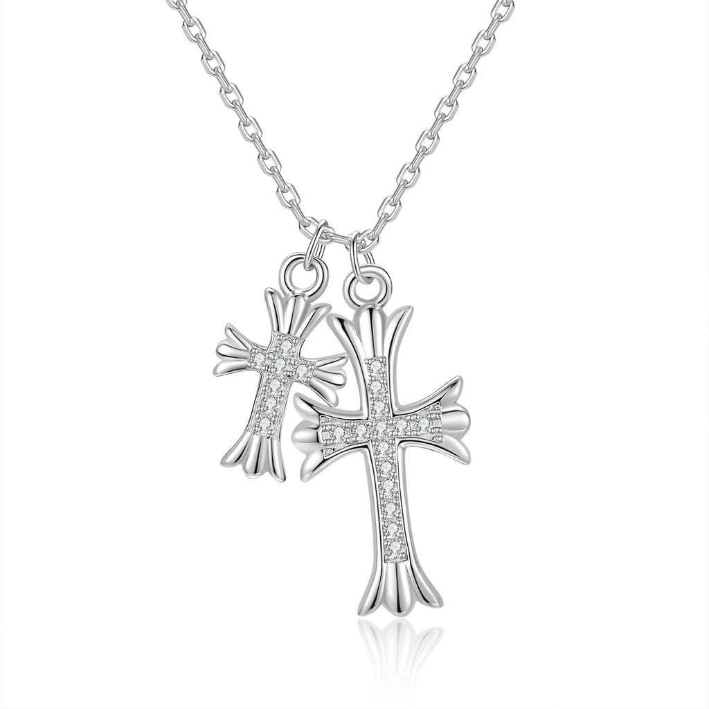 S925 Sterling Silver Moissanite Double Cross Pendant Necklace