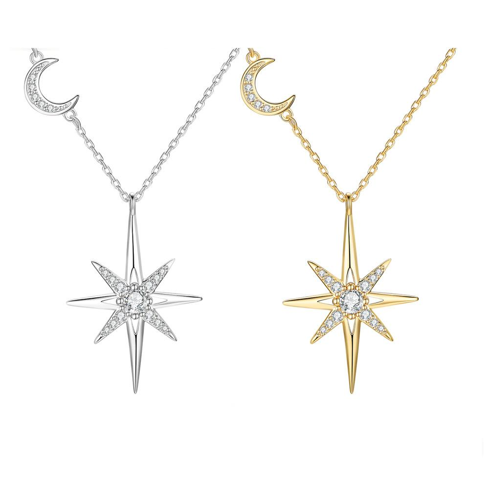 S925 Sterling Silver Eight-Pointed Star and Moon Moissanite Necklace