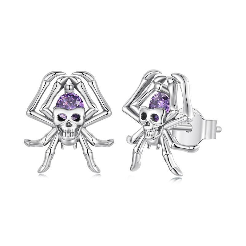 S925 Sterling Silver Gothic Skull and Spider Halloween Stud Earrings