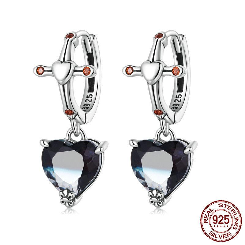 S925 Sterling Silver Cross and Black Heart-Shaped Zircon Halloween Stud Earrings