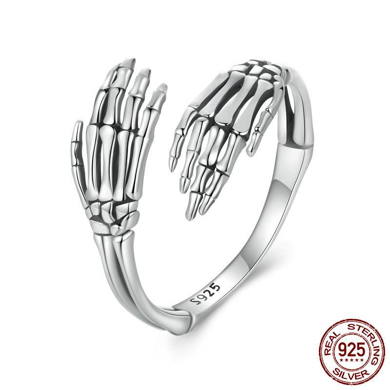 S925 Sterling Silver Halloween Skeleton Hand Open Ring