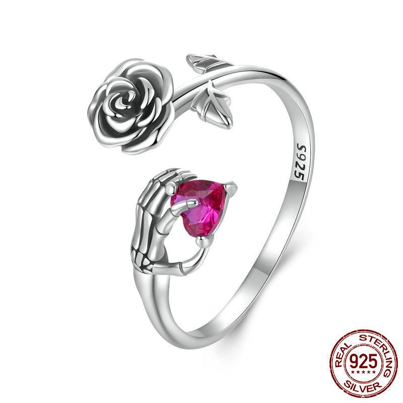S925 Sterling Silver Halloween Rose & Skull Hand Open Adjustable Ring