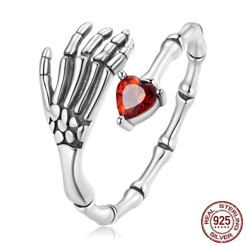 S925 Sterling Silver Halloween Adjustable Open Ring with Red Heart and Skeleton Hand