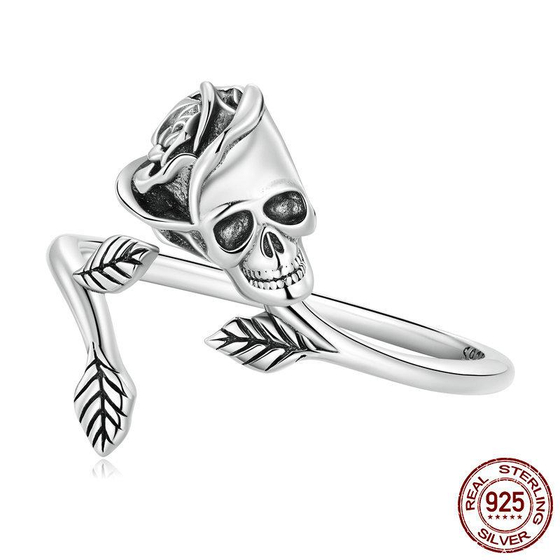 S925 Sterling Silver Halloween Skull and Rose Open Ring