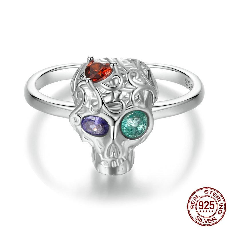S925 Sterling Silver Open Ring with Halloween-Patterned Skull