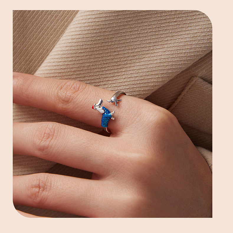 S925 Sterling Silver Adjustable Open Ring – Christmas Dachshund Design
