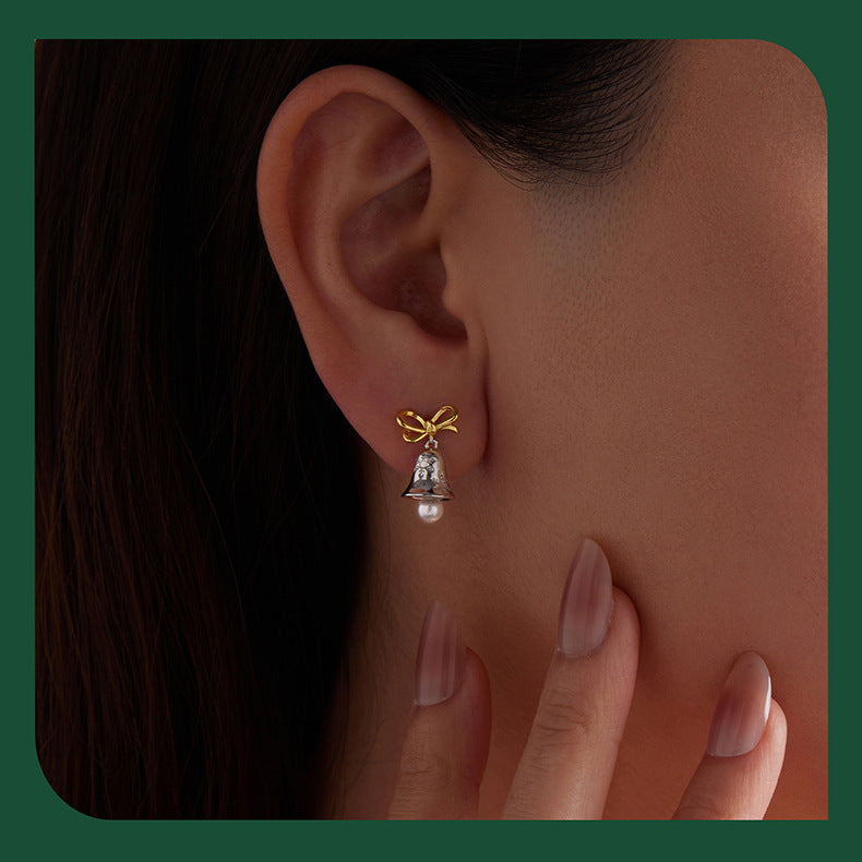S925 Sterling Silver Christmas Snowflake Bell Stud Earrings