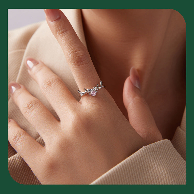S925 Sterling Silver Christmas Bow and Reindeer Open Adjustable Ring