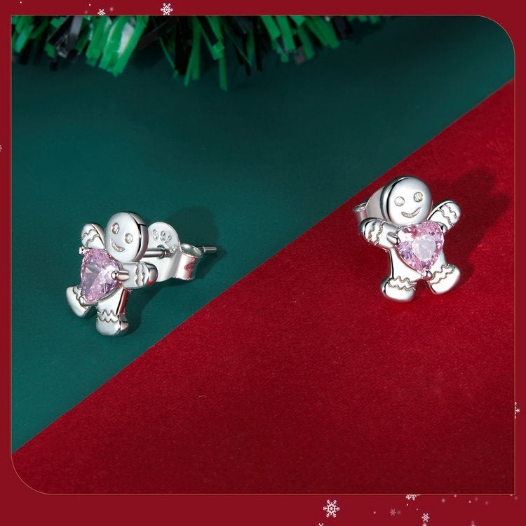 S925 Sterling Silver Christmas Gingerbread Man Stud Earrings