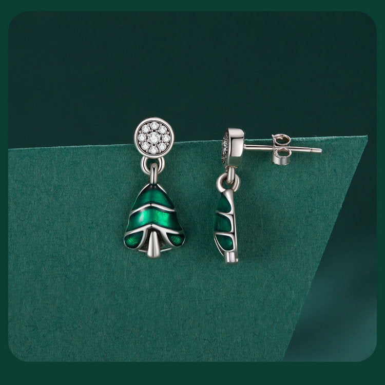 S925 Sterling Silver Green Christmas Tree Stud Earrings