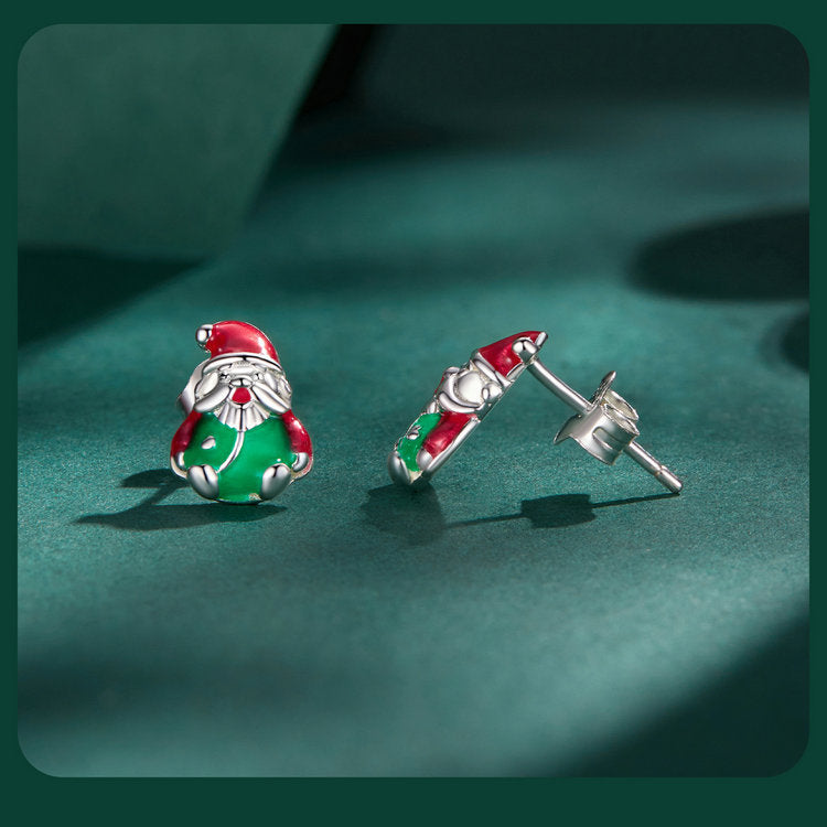 S925 Sterling Silver Glow-in-the-Dark Santa Claus Stud Earrings for Christmas