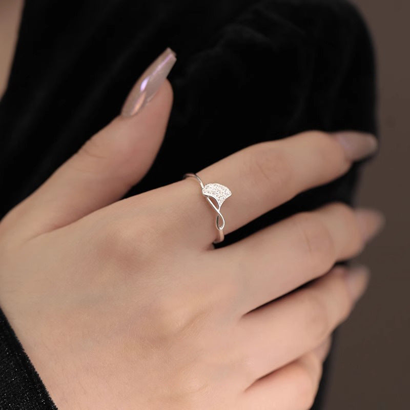 925 sterling silver ginkgo leaf opening ring - silvery