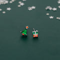 S925 Sterling Silver Asymmetrical Christmas Tree and Gift Earrings