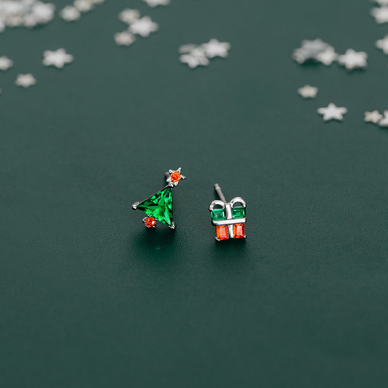 S925 Sterling Silver Asymmetrical Christmas Tree and Gift Earrings