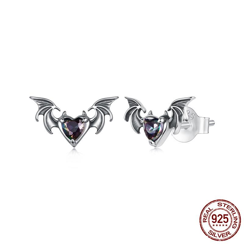 S925 Sterling Silver Halloween Bat Zircon Stud Earrings