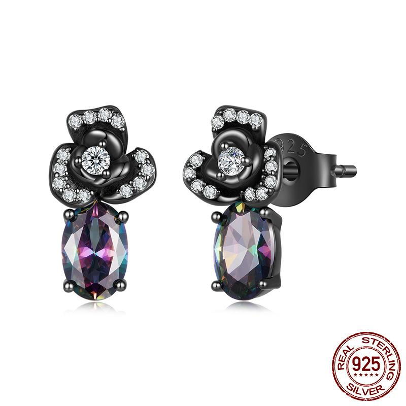 S925 Silver Halloween Dark Night Black Rose Stud Earrings