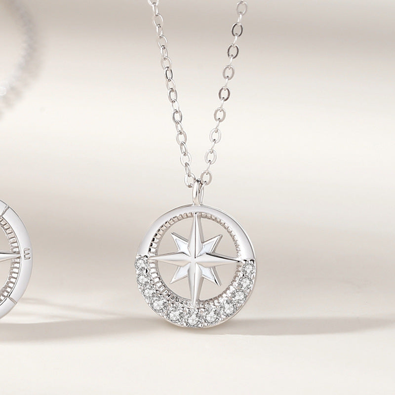 S925 Sterling Silver Halloween Geometric Cross Necklace with Octagram Compass Design