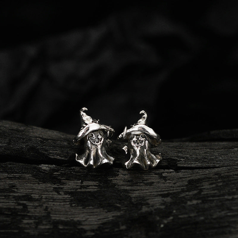 S925 Sterling Silver Whimsical Ghost with Witch Hat Earrings