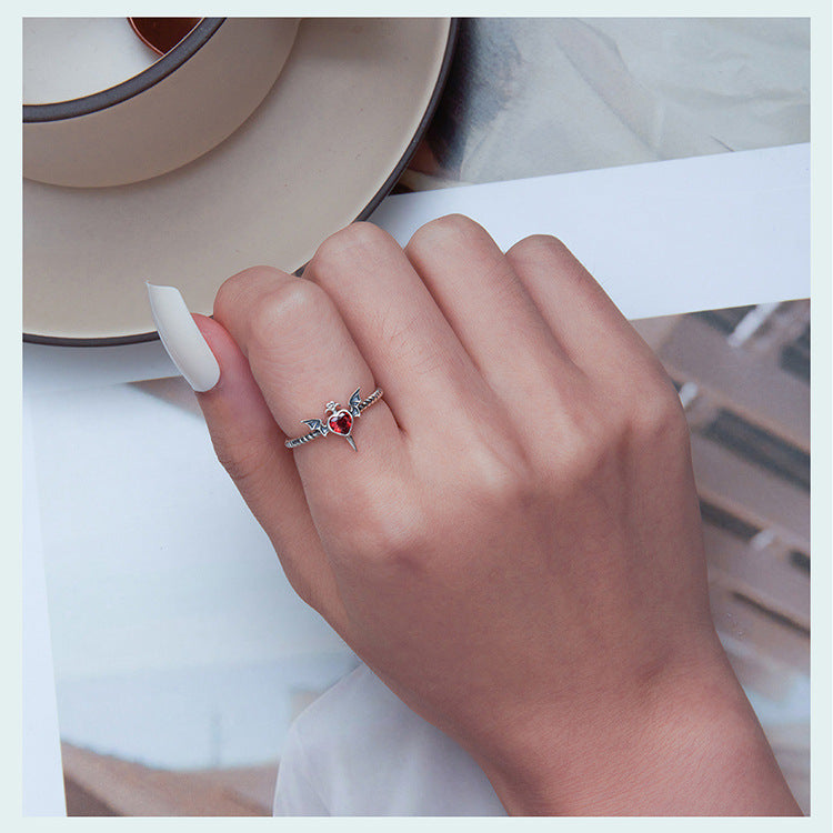 S925 Sterling Silver Halloween Heart-and-Wings Twisted Ring