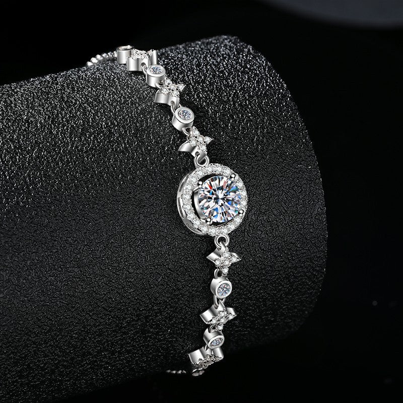 S925 Sterling Silver Moissanite "Star and Moon" Bracelet (Round Bezel Setting)