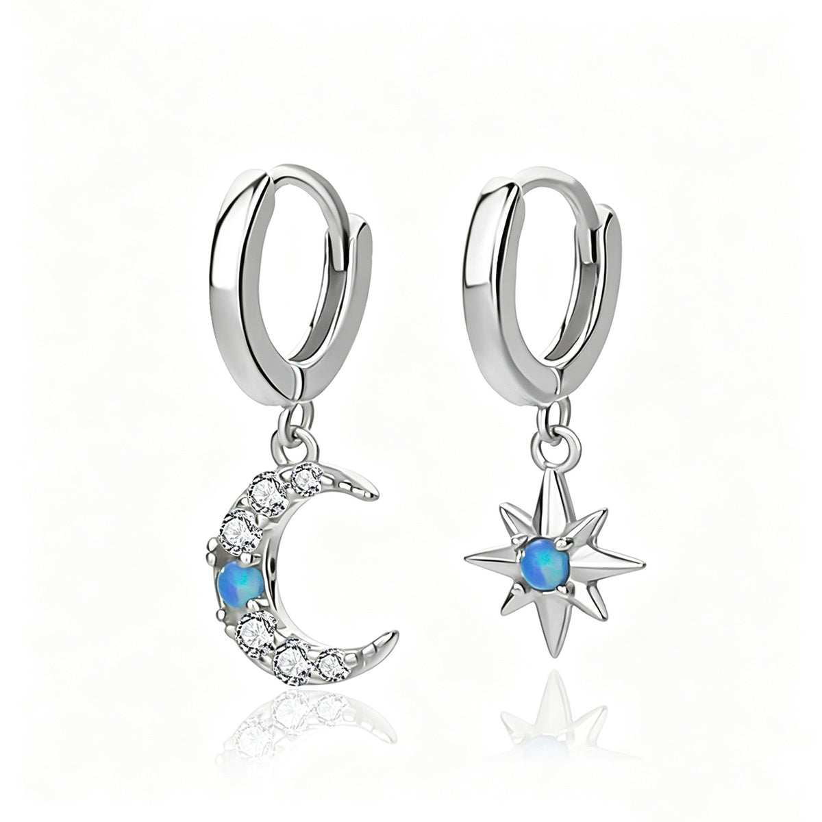 S925 Sterling Silver Star & Moon Opal and Zircon Earrings