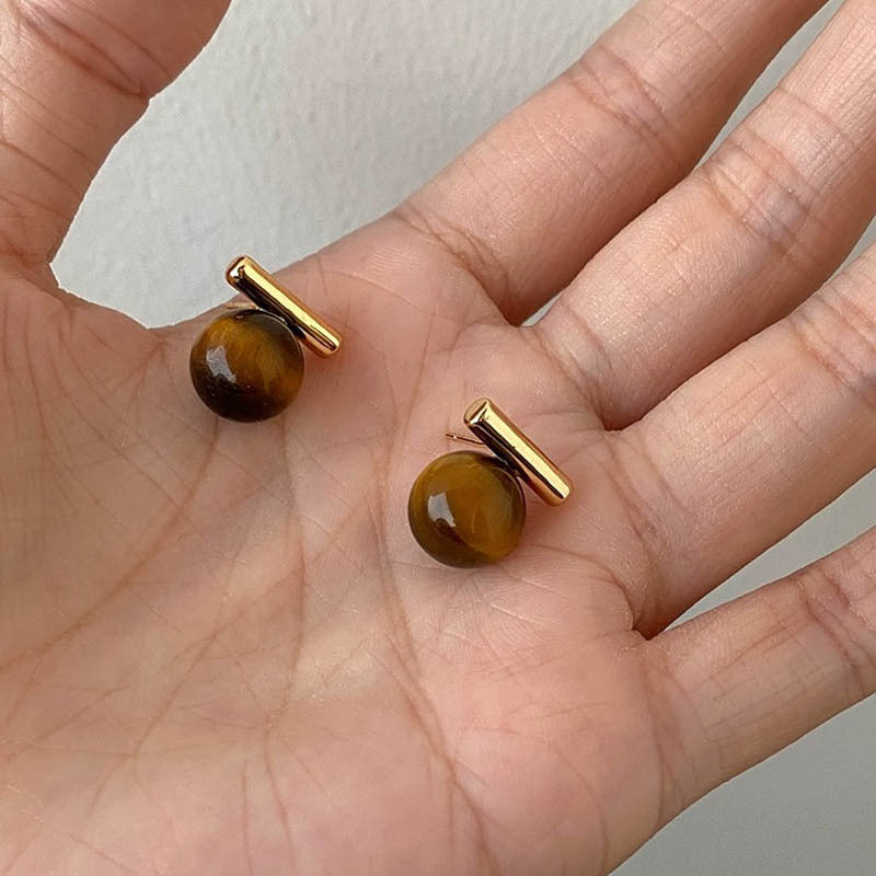 S925 sterling silver retro maillard tiger eye stone earrings