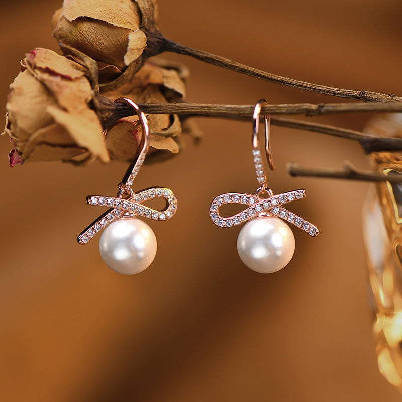 925 sterling silver bow imitation pearl pendant earrings