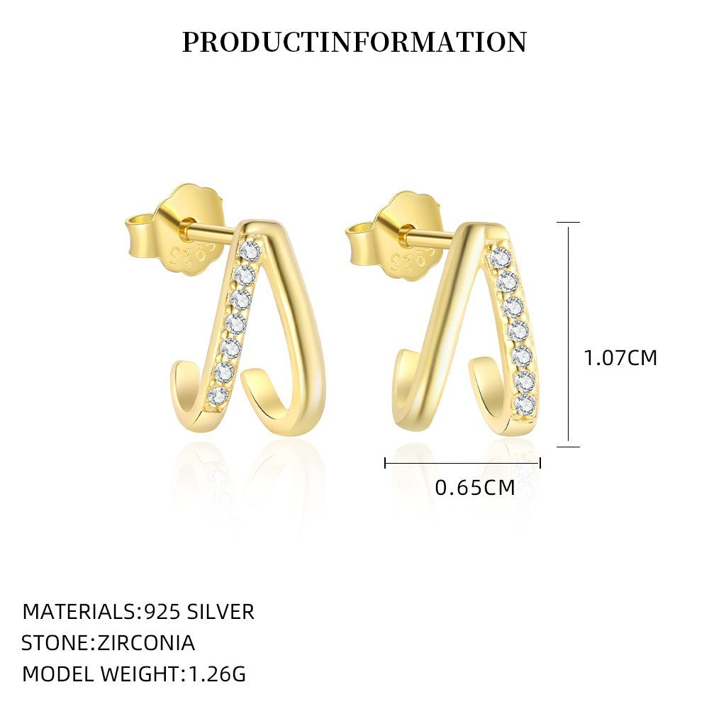 S925 Sterling Silver C-Shaped Zircon Stud Earrings