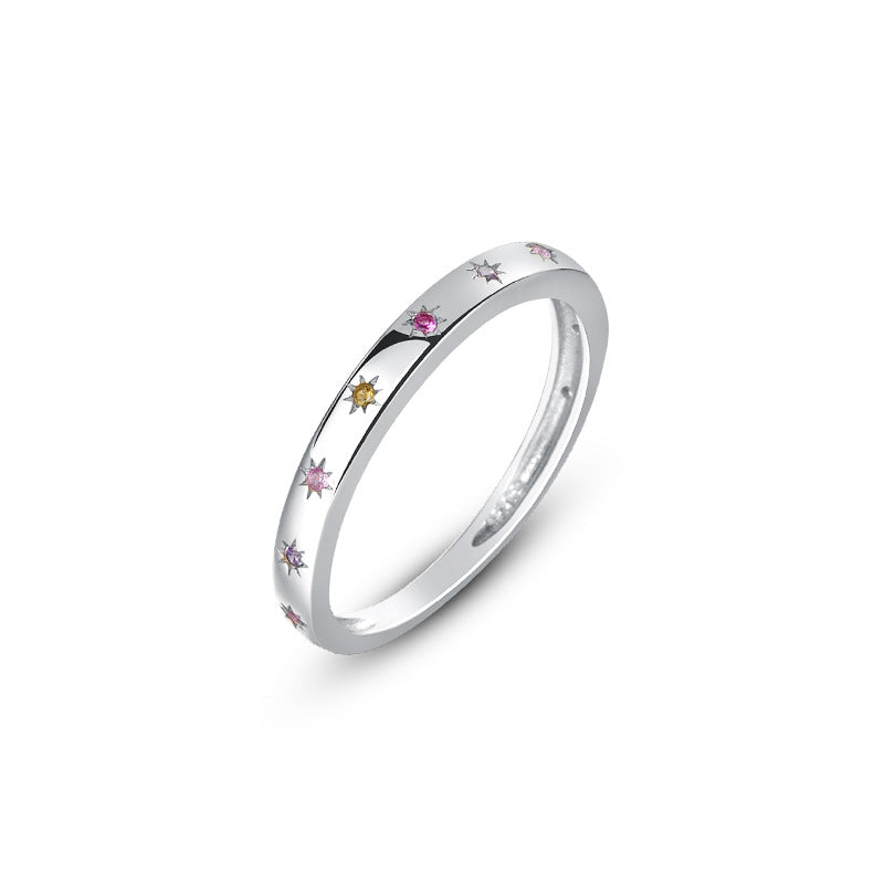 S925 Sterling Silver Plain Band Ring with Colorful Zirconia