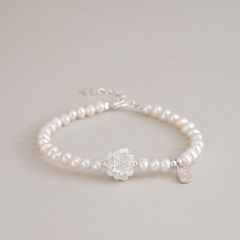 999 Silver Lotus Freshwater Pearl Bracelet - Silvery