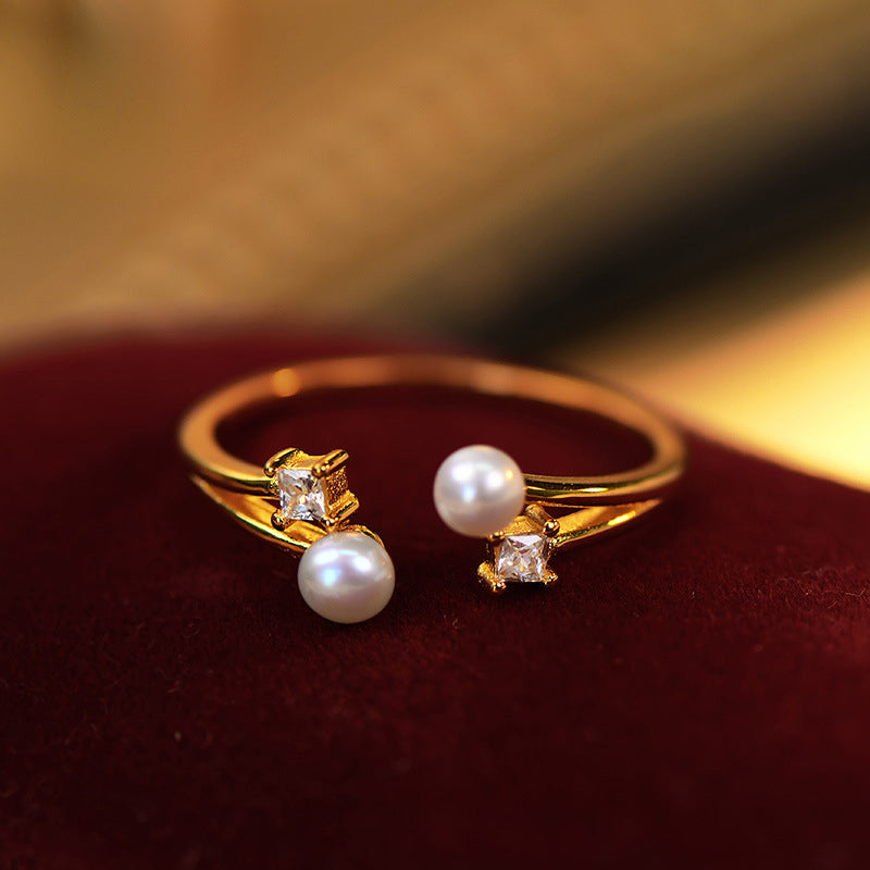 925 sterling silver pearl opening ring - golden