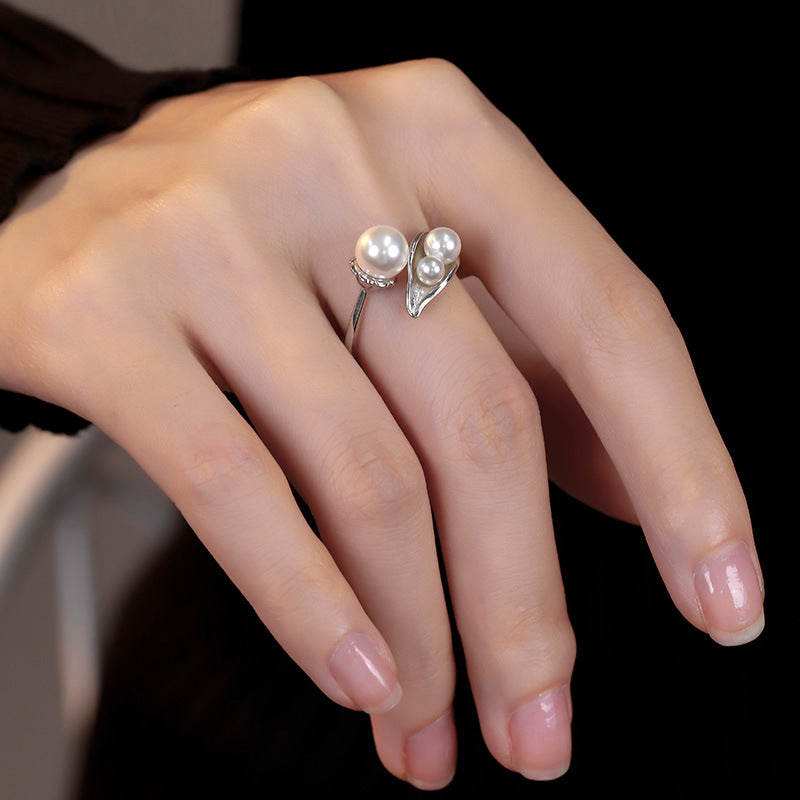 925 sterling silver imitation pearl ring - silvery