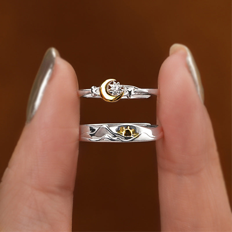 999 Silver Sun Moon Star Couple Ring - Silvery