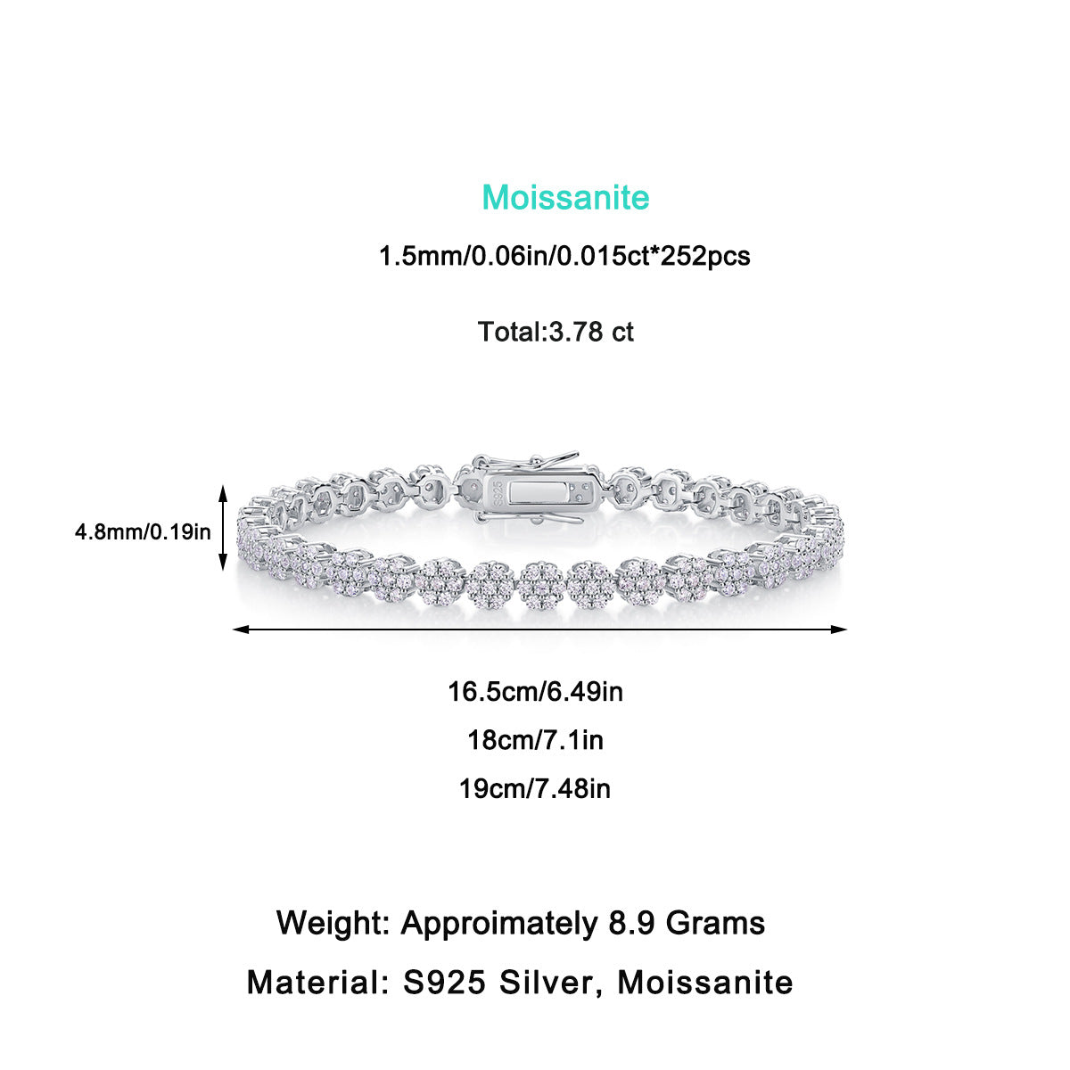S925 Silver Moissanite Row Bracelet