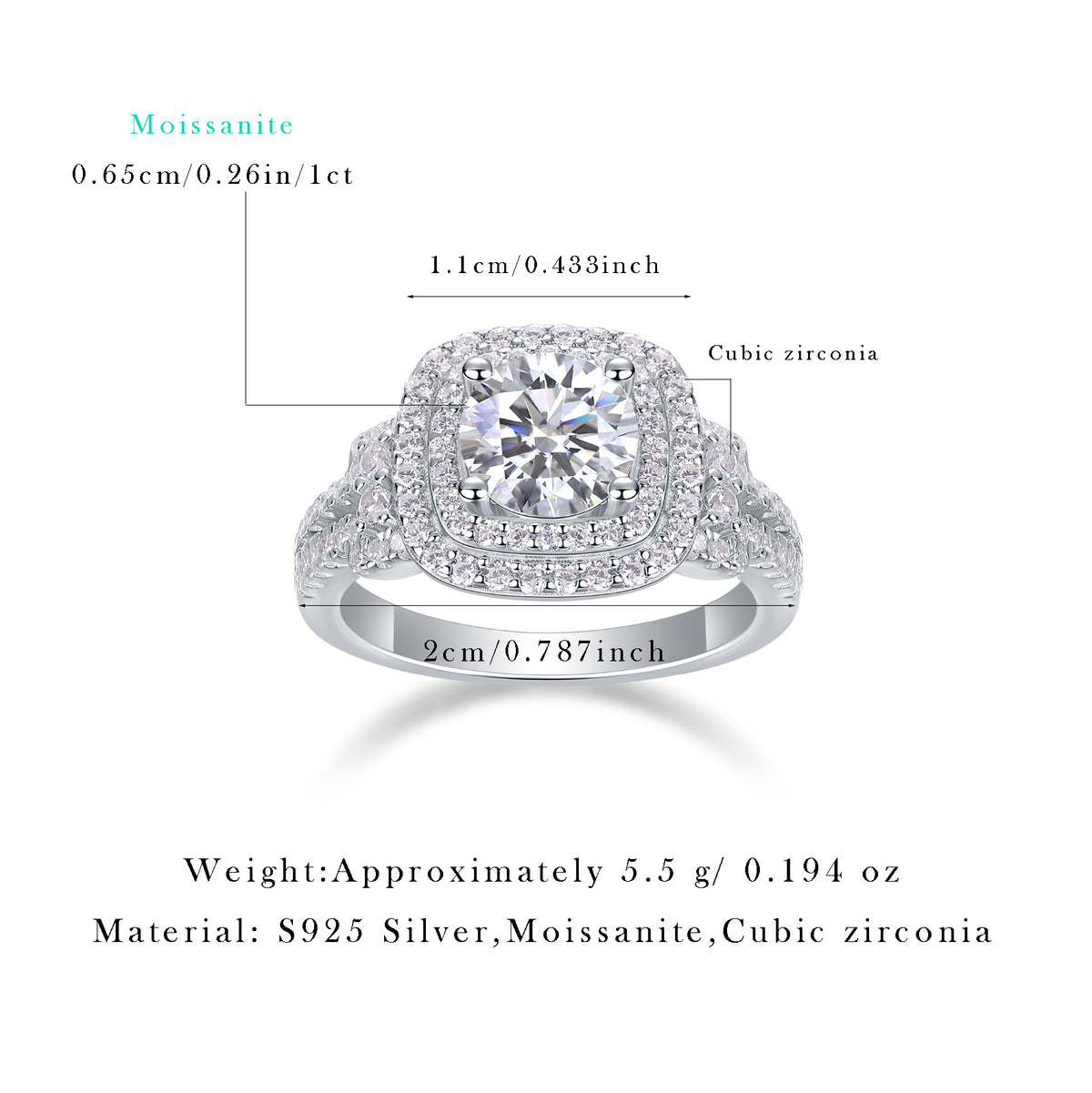 S925 Silver Moissanite Ring with Elaborate Setting