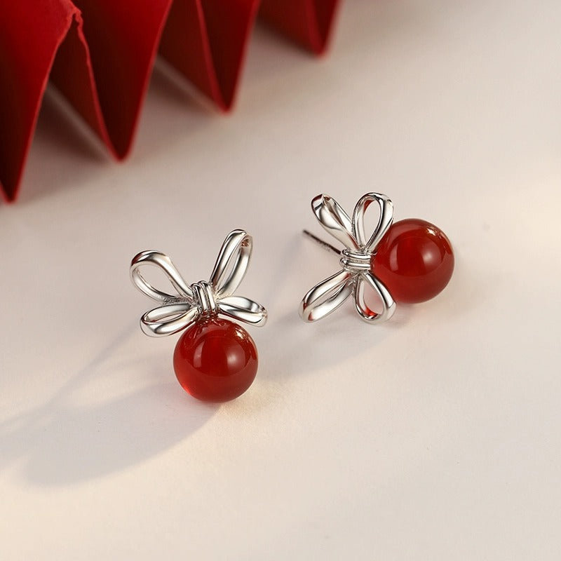 S925 sterling silver red agate bowknot earrings