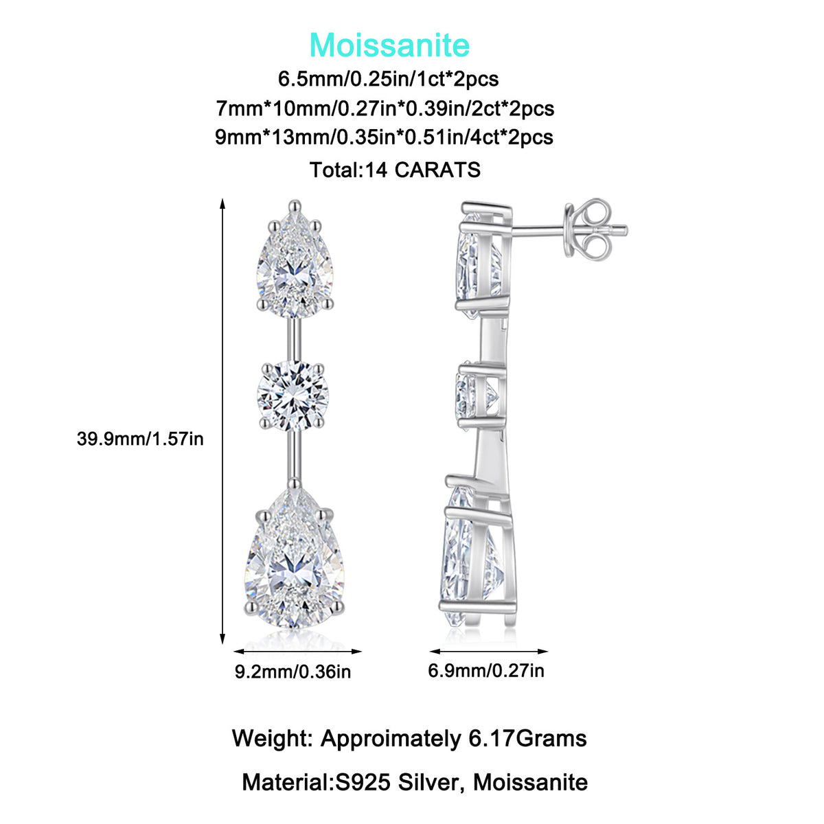 S925 Silver Pear-Shaped Moissanite Long Earrings