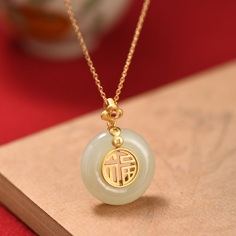 925 Sterling Silver Hotan Jade Pendant Necklace - Golden