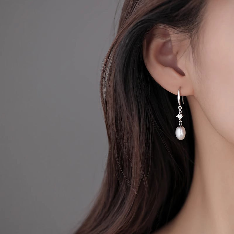 S925 sterling silver freshwater pearl long earrings - silvery