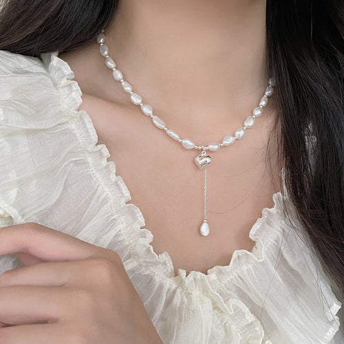 925 sterling silver Baroque pearl heart-shaped pendant necklace