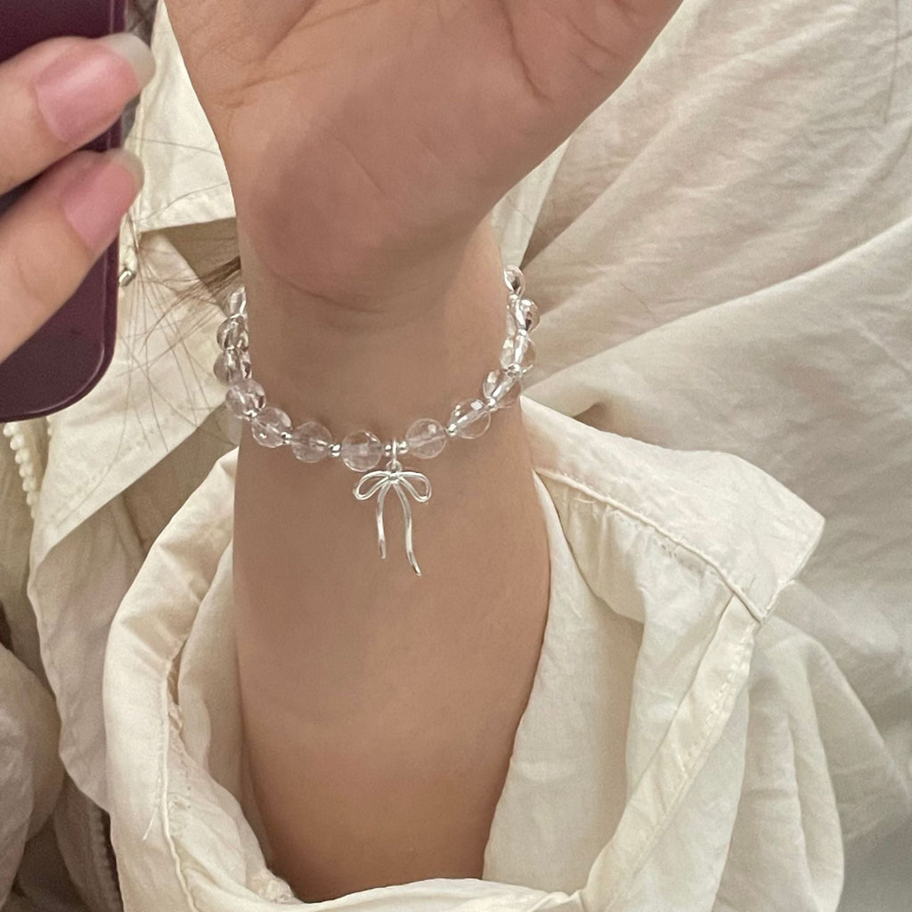 S925 sterling silver white crystal bow pendant bracelet