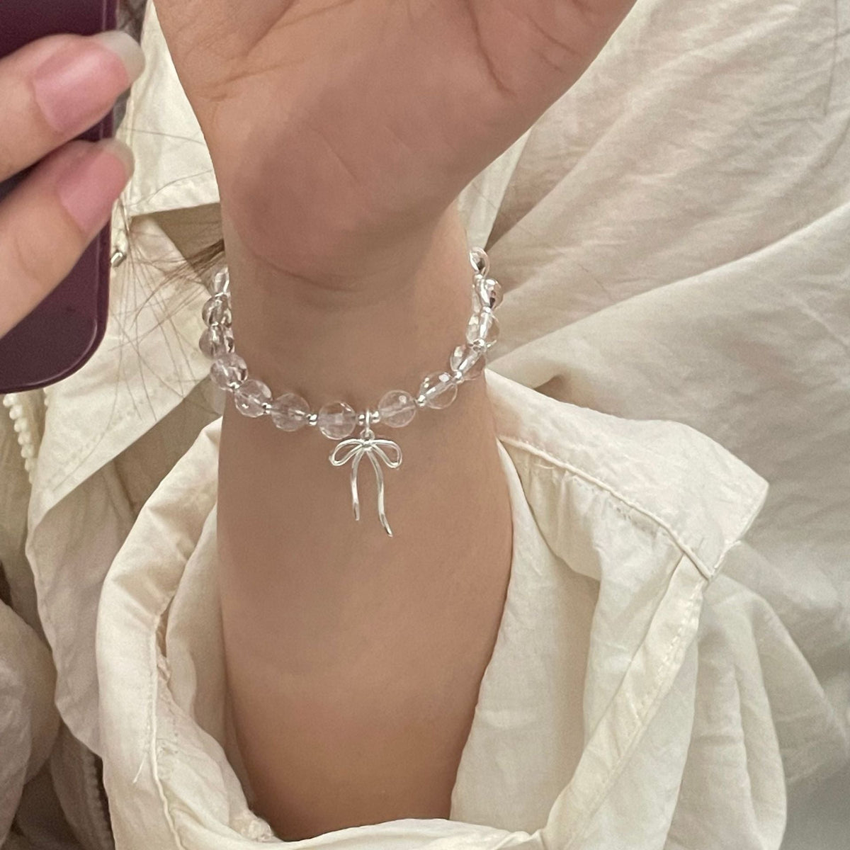S925 sterling silver white crystal bow pendant bracelet