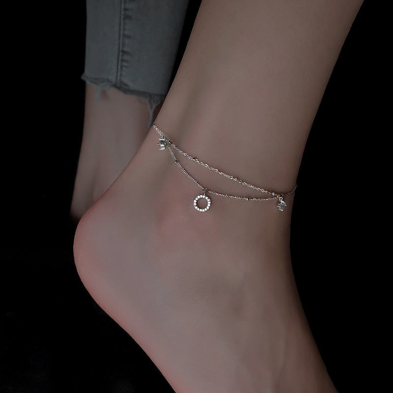 925 sterling silver ankle chain double layered - silvery