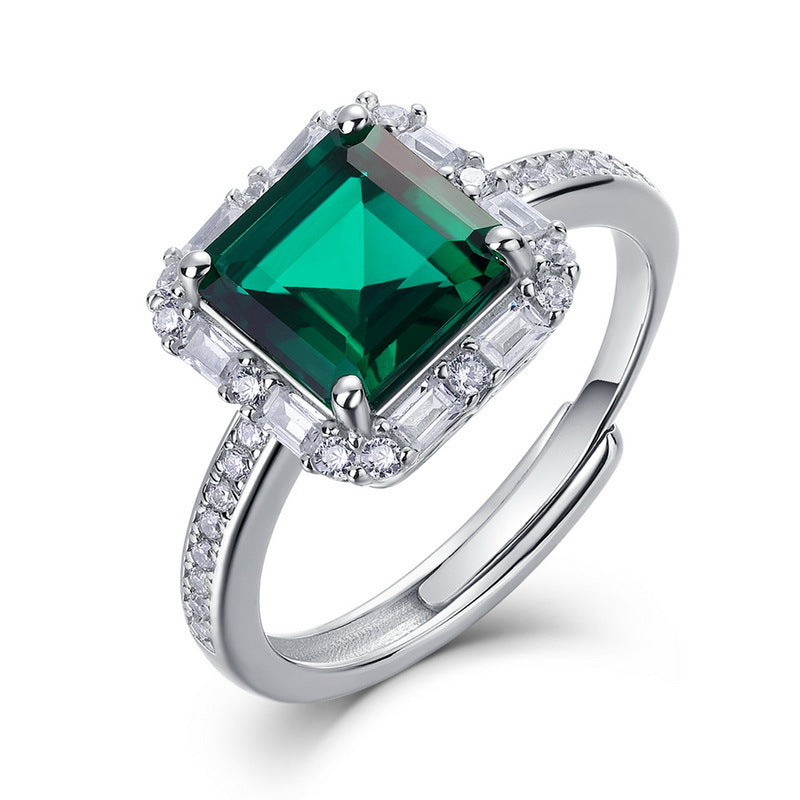 S925 Silver Adjustable Open Ring Set with Lab-Grown Colored Gemstone and Moissanite